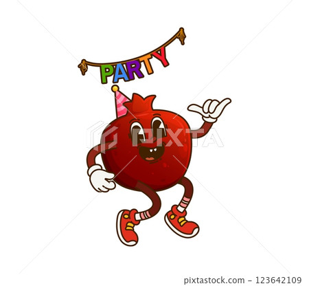 Cartoon groovy garnet fruit character is ready to celebrate with a party hat, retro hippie sneakers and vibrant party banner. Vector pomegranate conveying fun, cheer and celebration in lively event 123642109