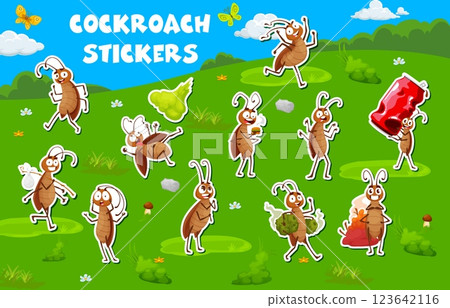 Stickers pack of cartoon cockroach characters. Funny pest insects vector personages of brown cockroach bugs escaping from pest control spray with smiling face. Happy insects with food wastes, soda can Stickers pack of cartoon cockroach characters. Funny pest insects vector personages of brown cockroach bugs escaping from pest control spray with smiling face. Happy insects with food wastes, soda can 123642116