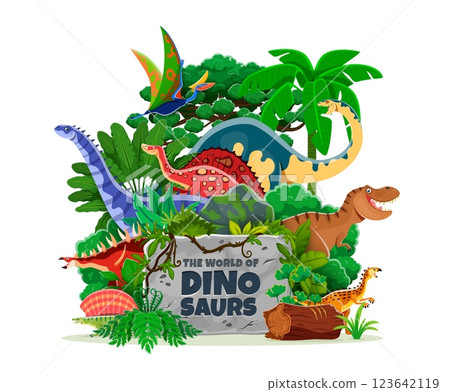Prehistoric jurassic dinosaurs park vector poster. Cartoon funny tyrannosaurus rex, edaphosaurus, melanorosaurus and kentrosaurus, hypselosaurus and scutellosaurus dino animals, dinosaurs world park 123642119