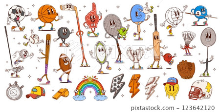 Cartoon groovy sport characters, hippie rainbow, smile emoji and lightnings. Funny sport equipment and player item vector personages of retro hippie balls, bats, glove and rackets, helmet and puck 123642120