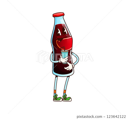 Cartoon soda drink groovy cheerful character. Refreshing soft drink 60s 70s groovy character. Fresh fizzy soda bottle retro funky isolated vector cute personage or cold sweet beverage vintage mascot 123642122