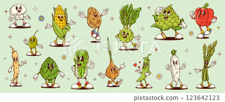Cartoon groovy vegetable characters showcasing playful expressions and gestures. fun, healthy eating personages. Vector corn, bell pepper, onion, garlic and green peas pod, tomato, lettuce or potato Cartoon groovy vegetable characters showcasing playful expressions and gestures. fun, healthy eating personages. Vector corn, bell pepper, onion, garlic and green peas pod, tomato, lettuce or potato 123642123