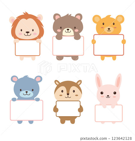 Set of Happy Cute Lion Bear Squirrel Rabbit Animal Cartoon Character Holding Empty White Board 123642128