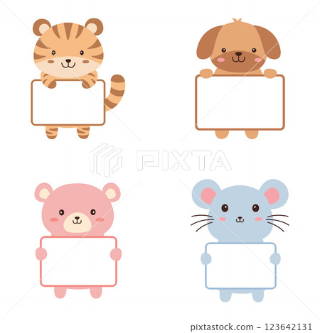 Set of Happy Cute Tiger Dog Bear Mouse Animal Cartoon Character Holding Empty White Board 123642131