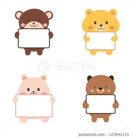 Set of Happy Cute Bear Animal Cartoon Character Holding Empty White Board 123642133