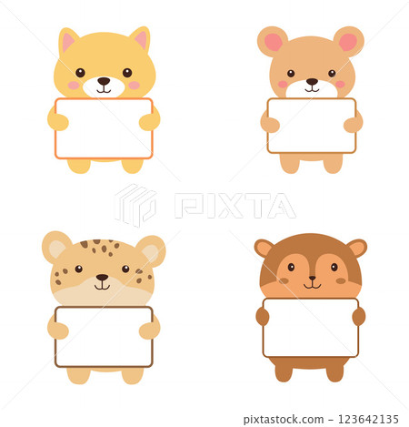 Set of Happy Cute Bear Dog Leopard Squirrel Animal Cartoon Character Holding Empty White Board 123642135