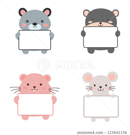 Set of Happy Cute Bear Hamster Mouse Animal Cartoon Character Holding Empty White Board 123642136