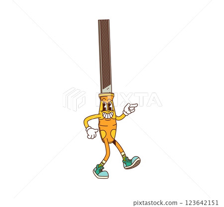 Groovy file rasp, building and DIY repair tool character with freaky face, cartoon vector. Groovy rasp file tool character with grumpy in hipster shoes for building or DIY repair tool in retro cartoon Groovy file rasp, building and DIY repair tool character with freaky face, cartoon vector. Groovy rasp file tool character with grumpy in hipster shoes for building or DIY repair tool in retro cartoon 123642151