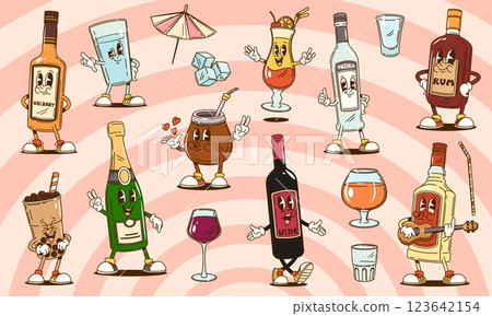 Groovy drinks and alcohol beverage characters of vector bottles and glasses. Retro hippie wine, champagne, vodka and whiskey alcohol drinks. Cartoon groovy bubble coffee, rum and tequila characters Groovy drinks and alcohol beverage characters of vector bottles and glasses. Retro hippie wine, champagne, vodka and whiskey alcohol drinks. Cartoon groovy bubble coffee, rum and tequila characters 123642154