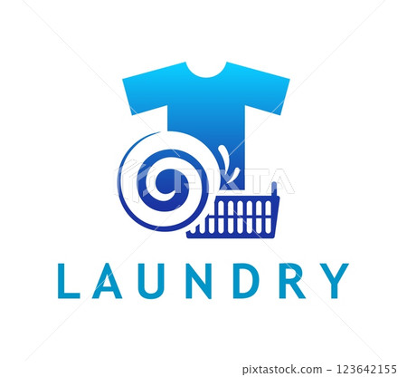 Laundry icon for clothes wash service or laundromat, T shirt and splash vector emblem. Laundry or dry cleaning service icon of washing machine tumble spin and clothes bin basket with water splash 123642155