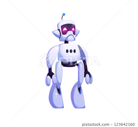 Cartoon futuristic robot and droid mascot character with a sleek white body, glowing pink eyes and antenna. Isolated vector friendly humanoid with rounded features, ai sci fi technology innovation 123642160