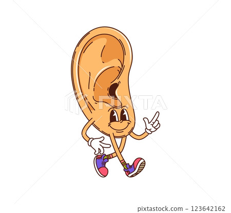 Cartoon ear groovy medicine and health character walking joyfully with sneakers and gloves showing playful vibe. Isolated vector human organ personage with a cheerful face, smiling and pointing upward Cartoon ear groovy medicine and health character walking joyfully with sneakers and gloves showing playful vibe. Isolated vector human organ personage with a cheerful face, smiling and pointing upward 123642162