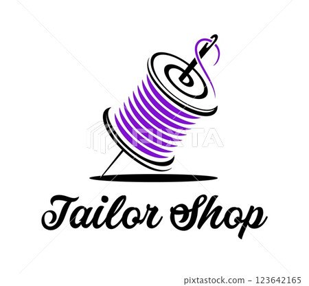Tailor shop icon with needle in thread for needlework and clothes sewing studio, vector emblem. Tailor shop sign with needle and purple thread in line art for seamstress and clothes atelier salon 123642165