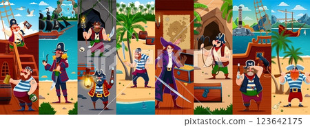 Cartoon pirate and corsair characters vector collage. Pirate ship, treasure island beach and cave nature landscape background with funny corsair captain, sailor, skipper and girl buccaneer characters 123642175