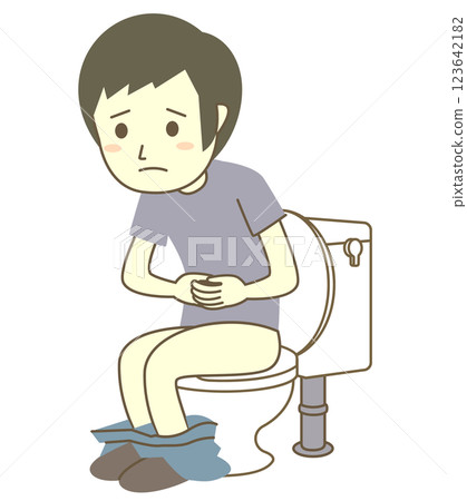 Constipated man sitting on the toilet seat 123642182