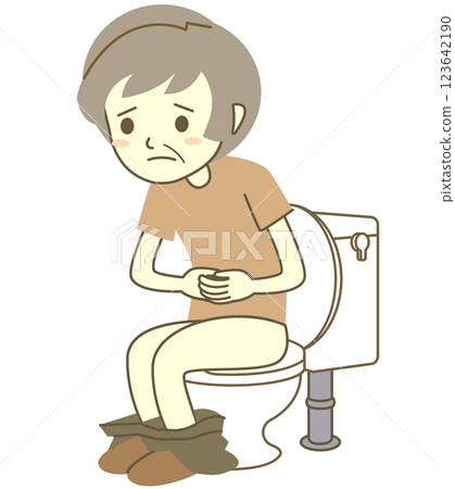 Constipated elderly woman sitting on the toilet seat 123642190