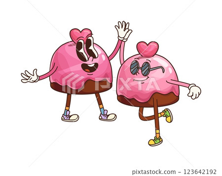 Retro groovy chocolate candy cheerful characters. Saint Valentine sweet gift, chocolate souffle dessert funny 60s 70s isolated vector characters. Candies with pink icing and hearts cute personages Retro groovy chocolate candy cheerful characters. Saint Valentine sweet gift, chocolate souffle dessert funny 60s 70s isolated vector characters. Candies with pink icing and hearts cute personages 123642192