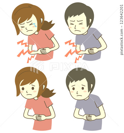 一組患有胃痛的男性和女性的插圖 123642201