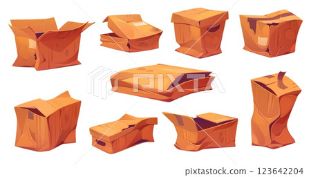 Broken, damaged and crumpled cargo cardboard box packages, crushed and ripped delivery parcels. Vector old brown paper boxes with open, damaged and ripped lids, dirty and torn sides, holes and stains 123642204
