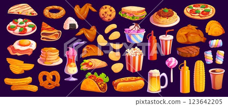 Fast food, cartoon burgers, snacks and grill or hot dogs, vector sandwiches. Cartoon fast food cheeseburger with pizza and donut or churro dessert, beer and burrito with taco and crepe pancakes Fast food, cartoon burgers, snacks and grill or hot dogs, vector sandwiches. Cartoon fast food cheeseburger with pizza and donut or churro dessert, beer and burrito with taco and crepe pancakes 123642205