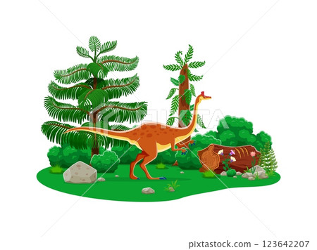 Dinosaur, prehistoric lizard Pelecanimimus or dino animal, cartoon vector. Prehistoric era and Crtaceous period Pelecanimimus of ornithomimosaurian dinosaur species for kids paleontology encyclopedia 123642207