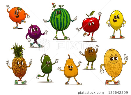 Cartoon retro groovy fruit characters with expressive faces, dancing and enjoying themselves. Vector funky ripe mandarin, plum, watermelon and apple, lemon, pineapple, avocado and pear, kiwi or melon 123642209