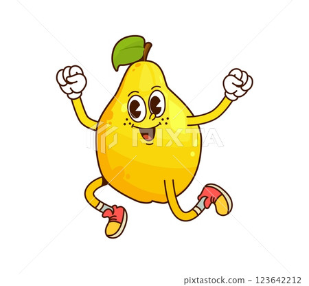 Cartoon funny groovy quince fruit character. Isolated vector ripe fruit retro personage with expressive smiling face, wearing vintage sneakers, cheerfully jumping with cheerful facial expression Cartoon funny groovy quince fruit character. Isolated vector ripe fruit retro personage with expressive smiling face, wearing vintage sneakers, cheerfully jumping with cheerful facial expression 123642212