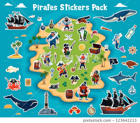 Cartoon pirates and piracy stickers pack with ships, treasure and ocean creatures on tropical island. Vector patches with corsairs, whimsical mermaids and sea life as whale, shark, turtle and octopus Cartoon pirates and piracy stickers pack with ships, treasure and ocean creatures on tropical island. Vector patches with corsairs, whimsical mermaids and sea life as whale, shark, turtle and octopus 123642213