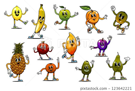 Cartoon groovy fruit characters, retro tropical... - Stock Illustration ...