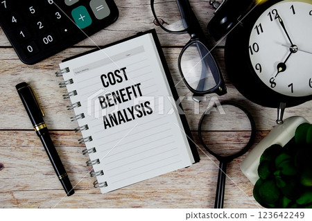 Cost Benefit Analysis (CBA) text on notepad, Business and Financial concept background 123642249