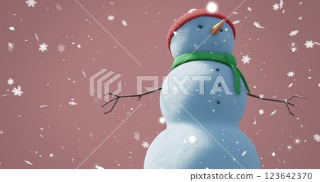 Image of christmas snow man moving over snow falling on red background 123642370