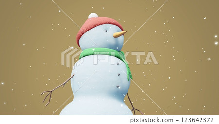 Image of christmas snow man moving over snow falling on yellow background Image of christmas snow man moving over snow falling on yellow background 123642372