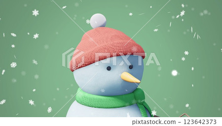 Image of christmas snow man moving over snow falling on green background Image of christmas snow man moving over snow falling on green background 123642373