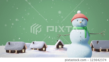 Image of christmas snow man moving over snow falling on green background Image of christmas snow man moving over snow falling on green background 123642374