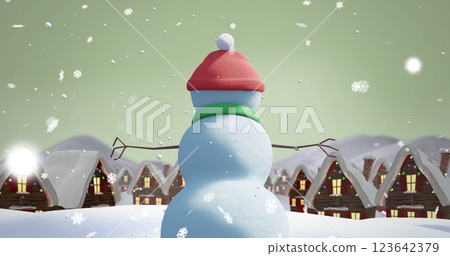 Image of christmas snow man moving over snow falling on green background 123642379