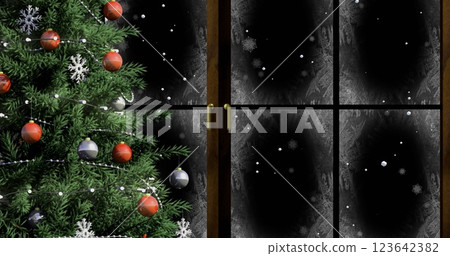 Image of snow falling over christmas tree winter scenery background 123642382