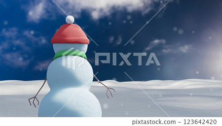 Image of christmas snow man moving over snow falling on winter scenery background Image of christmas snow man moving over snow falling on winter scenery background 123642420