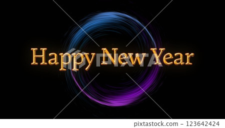 Image of happy new year text over glowing lights on black background Image of happy new year text over glowing lights on black background 123642424