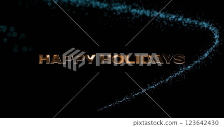 Image of happy holidays text over glowing lights on black background 123642430
