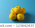 Yuzu lined up on a blue background 123642435