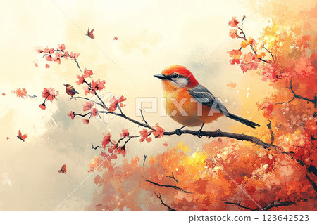 A cute little bird perched on a branch with spring flowers 123642523