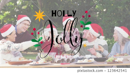 Image of christmas greetings text over decorations and caucasian family in santa hats at table 123642541
