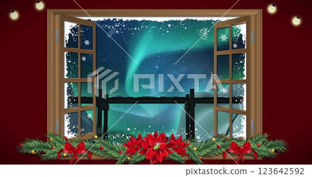 Image of christmas winter scenery and snow falling seen through window 123642592