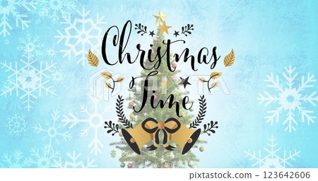 Image of christmas greetings text over christmas tree and snowflakes 123642606