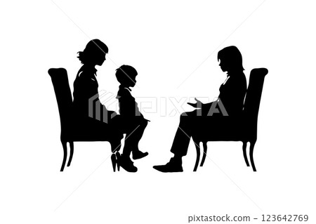 Silhouette of family in therapy session, flat style, on white background, concept of counseling. Concept of psychotherapy session 123642769