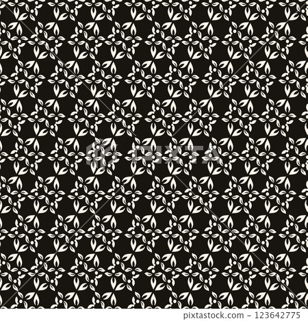 Vector black and white floral seamless pattern. Abstract minimal geometric ornament with flowers in oriental style. Simple monochrome background. Vector black and white floral seamless pattern. Abstract minimal geometric ornament with flowers in oriental style. Simple monochrome background. 123642775