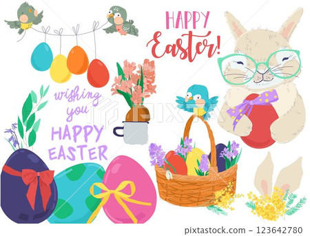 Happy Easter Set with Cute Bunny and Flowers 123642780