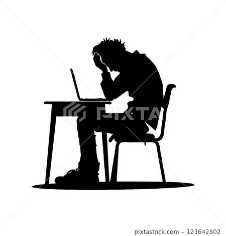 Silhouette of a stressed person at a desk with a laptop on a white background. Concept of stress and frustration, burnout 123642802
