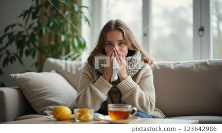 Young woman in cozy sweater and scarf sneezing into a tissue, sitting on a couch. Background features a homey ambiance with plants. Represents seasonal illness and cold remedies. Common cold concept 123642986