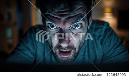 Man in plaid shirt shocked. Cyber bullying concept. Opinion and the pressure of society. 123642993